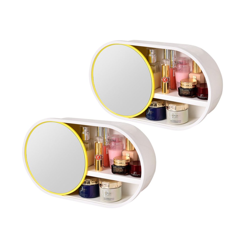 1-SOGA 2X 39cm Oval Wall-Mounted Mirror Storage Box Vanity Mirror Rack Bathroom Adhesive Shelf Home Organiser Decor