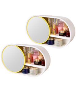 1-SOGA 2X 39cm Oval Wall-Mounted Mirror Storage Box Vanity Mirror Rack Bathroom Adhesive Shelf Home Organiser Decor
