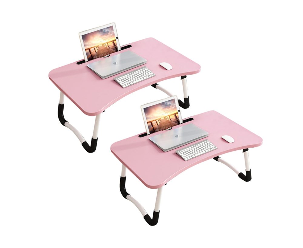 1-SOGA 2X Pink Portable Bed Table Adjustable Foldable Bed Sofa Study Table Laptop Mini Desk with Notebook Stand Card Slot Holder Home Decor