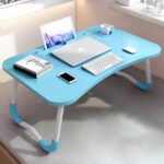 2-SOGA 2X Blue Portable Bed Table Adjustable Foldable Bed Sofa Study Table Laptop Mini Desk with Notebook Stand Cup Slot Home Decor