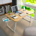 2-SOGA 2X Oak Portable Bed Table Adjustable Folding Mini Desk Stand With Cup-Holder Home Decor