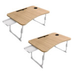 1-SOGA 2X Oak Portable Bed Table Adjustable Folding Mini Desk Stand With Cup-Holder Home Decor