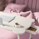 5-SOGA White Portable Bed Table Adjustable Folding Mini Desk With Mini Drawer and Cup-Holder Home Decor