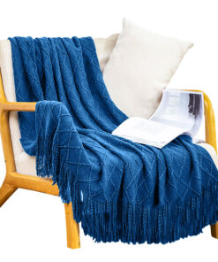 1-SOGA Royal Blue Diamond Pattern Knitted Throw Blanket Warm Cozy Woven Cover Couch Bed Sofa Home Decor with Tassels