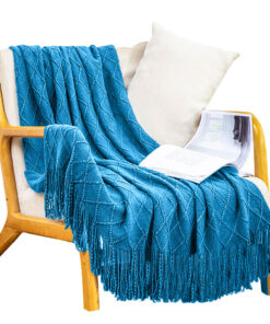 1-SOGA Blue Diamond Pattern Knitted Throw Blanket Warm Cozy Woven Cover Couch Bed Sofa Home Decor with Tassels