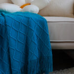 6-SOGA 2X Blue Diamond Pattern Knitted Throw Blanket Warm Cozy Woven Cover Couch Bed Sofa Home Decor with Tassels