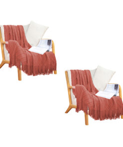 1-SOGA 2X Red Diamond Pattern Knitted Throw Blanket Warm Cozy Woven Cover Couch Bed Sofa Home Decor with Tassels