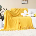 2-SOGA 2X Yellow Acrylic Knitted Throw Blanket Solid Fringed Warm Cozy Woven Cover Couch Bed Sofa Home Decor