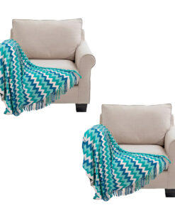 1-SOGA 2X 170cm Blue Zigzag Striped Throw Blanket Acrylic Wave Knitted Fringed Woven Cover Couch Bed Sofa Home Decor
