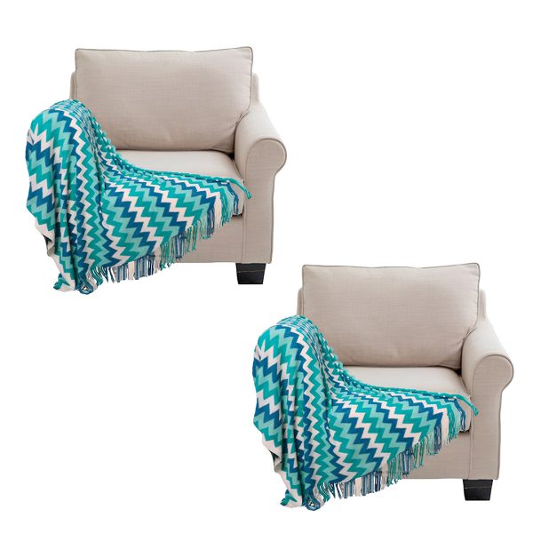 1-SOGA 2X 170cm Blue Zigzag Striped Throw Blanket Acrylic Wave Knitted Fringed Woven Cover Couch Bed Sofa Home Decor