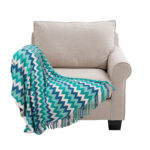 1-SOGA 220cm Blue Zigzag Striped Throw Blanket Acrylic Wave Knitted Fringed Woven Cover Couch Bed Sofa Home Decor