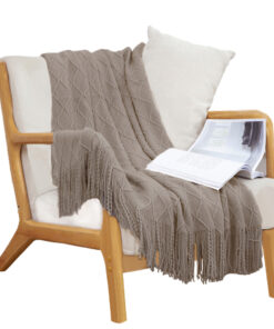 1-SOGA Coffee Diamond Pattern Knitted Throw Blanket Warm Cozy Woven Cover Couch Bed Sofa Home Decor with Tassels