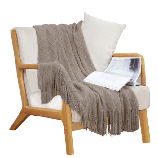 1-SOGA Coffee Diamond Pattern Knitted Throw Blanket Warm Cozy Woven Cover Couch Bed Sofa Home Decor with Tassels