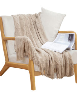 1-SOGA Beige Diamond Pattern Knitted Throw Blanket Warm Cozy Woven Cover Couch Bed Sofa Home Decor with Tassels