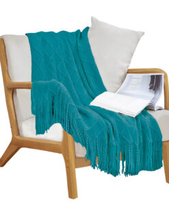1-SOGA Teal Diamond Pattern Knitted Throw Blanket Warm Cozy Woven Cover Couch Bed Sofa Home Decor with Tassels