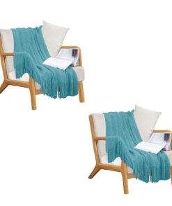 1-SOGA 2X Teal Diamond Pattern Knitted Throw Blanket Warm Cozy Woven Cover Couch Bed Sofa Home Decor with Tassels