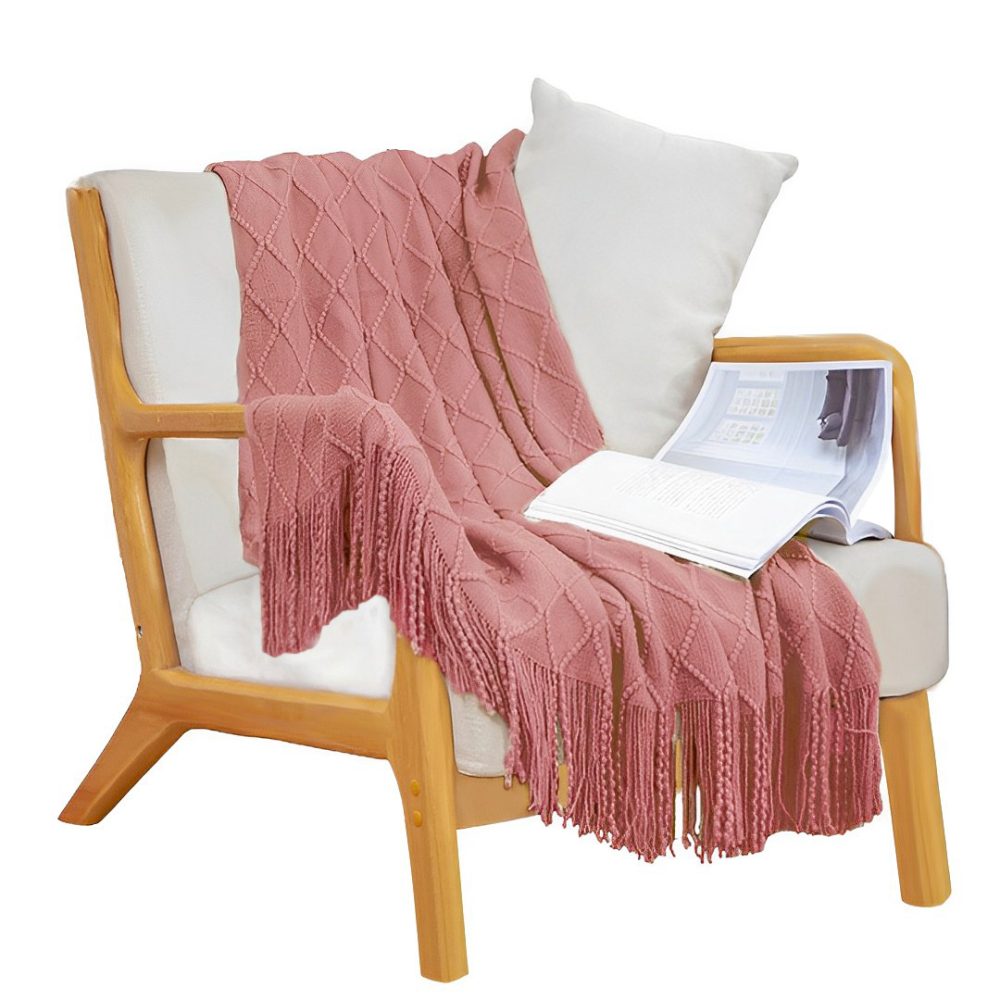 1-SOGA Pink Diamond Pattern Knitted Throw Blanket Warm Cozy Woven Cover Couch Bed Sofa Home Decor with Tassels