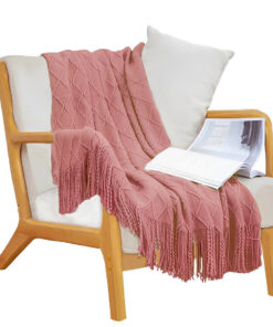 1-SOGA Pink Diamond Pattern Knitted Throw Blanket Warm Cozy Woven Cover Couch Bed Sofa Home Decor with Tassels
