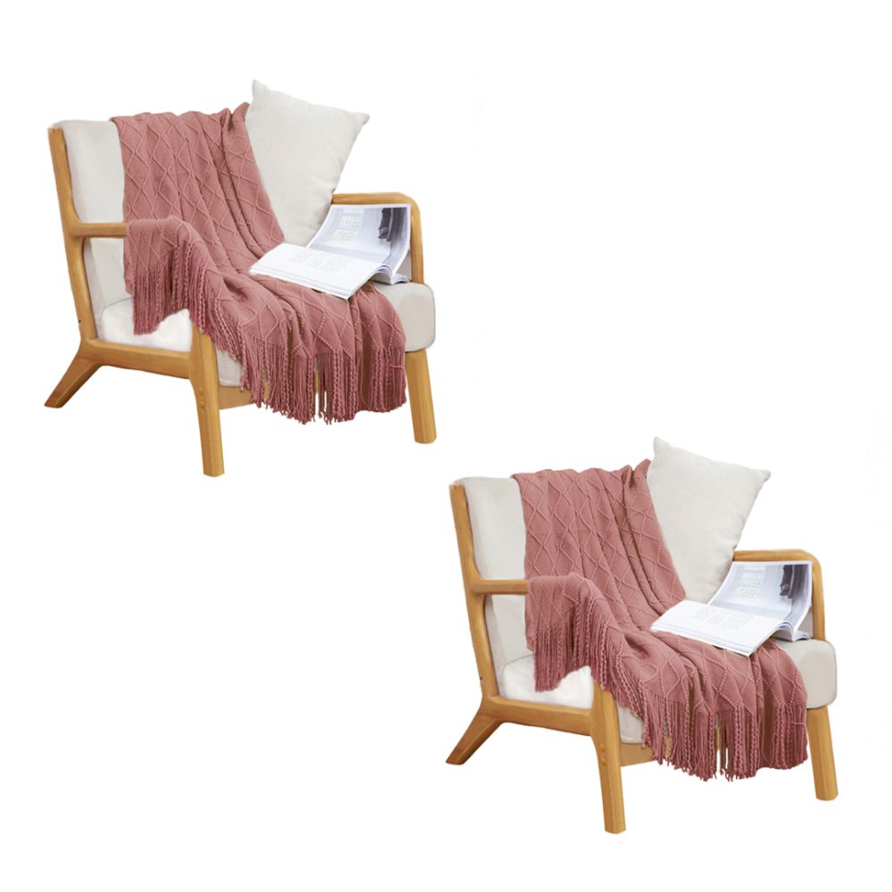 1-SOGA 2X  Pink Diamond Pattern Knitted Throw Blanket Warm Cozy Woven Cover Couch Bed Sofa Home Decor with Tassels