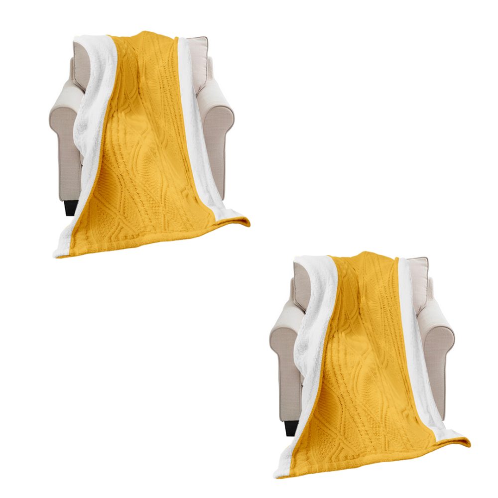 1-SOGA 2X 200X230cm Throw Blanket Yellow and White Chenille Fleece Knitted Fabric on One Side Soft Suede