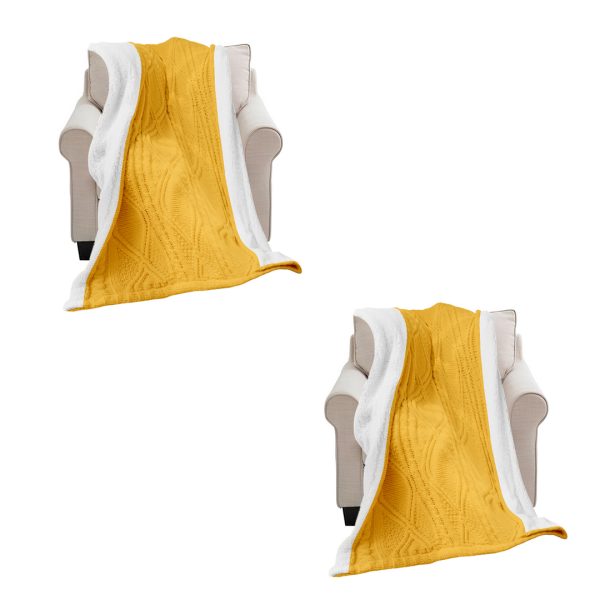 1-SOGA 2X 200X230cm Throw Blanket Yellow and White Chenille Fleece Knitted Fabric on One Side Soft Suede