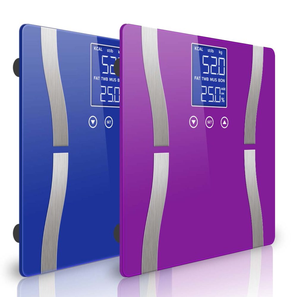 1-SOGA 2X Glass LCD Digital Body Fat Scale Bathroom Electronic Gym Water Weighing Scales Blue/Purple