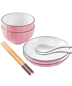 1-SOGA Pink Japanese Style Ceramic Dinnerware Crockery Soup Bowl Plate Server Kitchen Home Decor Set of 4