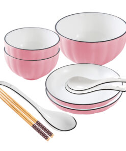 1-SOGA Pink Japanese Style Ceramic Dinnerware Crockery Soup Bowl Plate Server Kitchen Home Decor Set of 5
