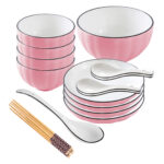 1-SOGA Pink Japanese Style Ceramic Dinnerware Crockery Soup Bowl Plate Server Kitchen Home Decor Set of 9