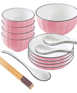 1-SOGA Pink Japanese Style Ceramic Dinnerware Crockery Soup Bowl Plate Server Kitchen Home Decor Set of 9
