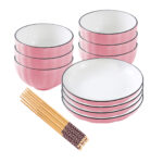 1-SOGA Pink Japanese Style Ceramic Dinnerware Crockery Soup Bowl Plate Server Kitchen Home Decor Set of 10