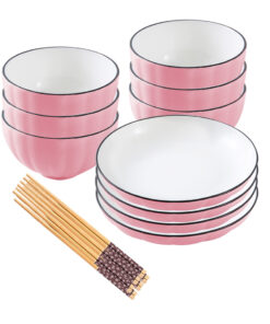 1-SOGA Pink Japanese Style Ceramic Dinnerware Crockery Soup Bowl Plate Server Kitchen Home Decor Set of 10