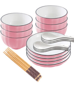 1-SOGA Pink Japanese Style Ceramic Dinnerware Crockery Soup Bowl Plate Server Kitchen Home Decor Set of 10