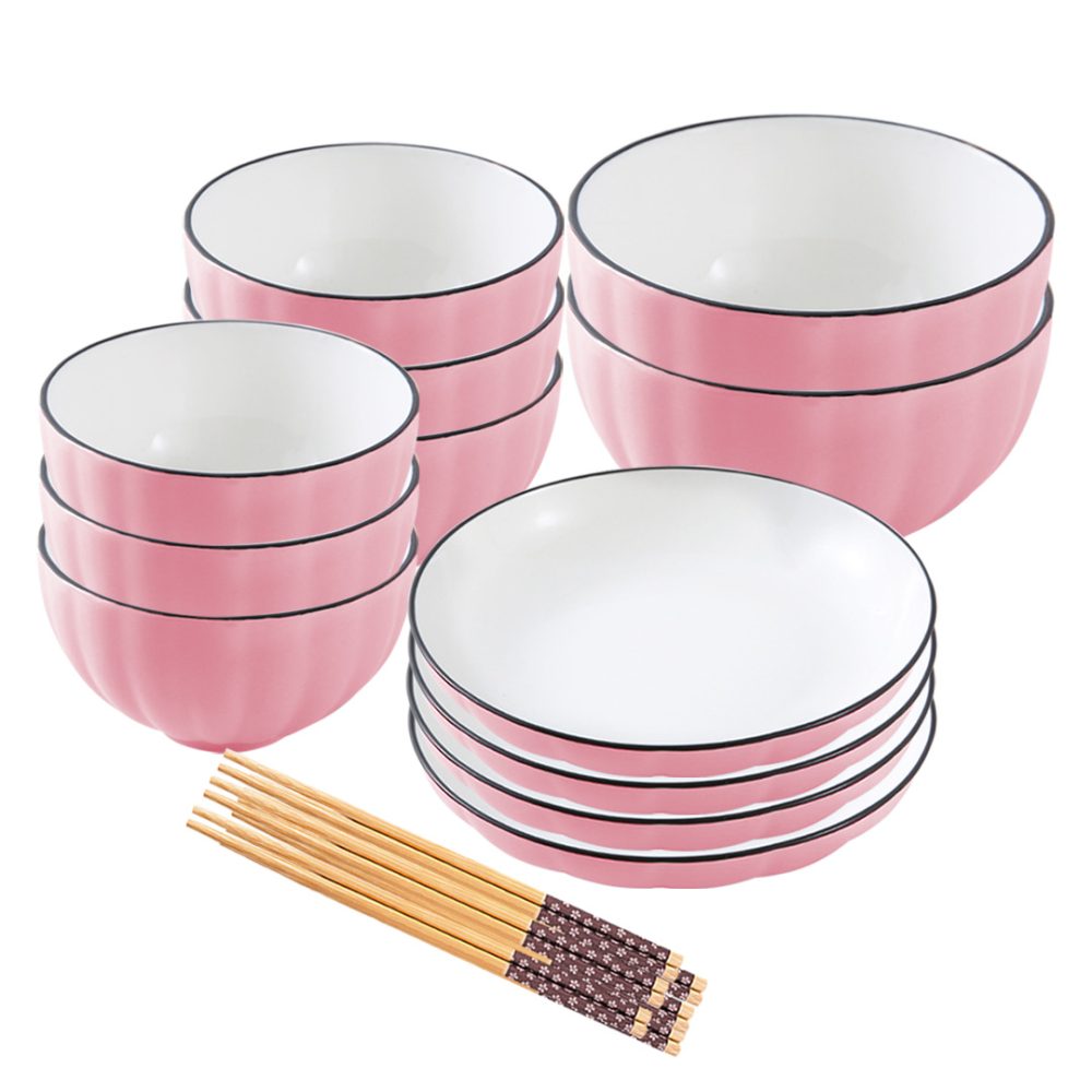 1-SOGA Pink Japanese Style Ceramic Dinnerware Crockery Soup Bowl Plate Server Kitchen Home Decor Set of 12