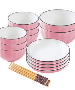 1-SOGA Pink Japanese Style Ceramic Dinnerware Crockery Soup Bowl Plate Server Kitchen Home Decor Set of 12