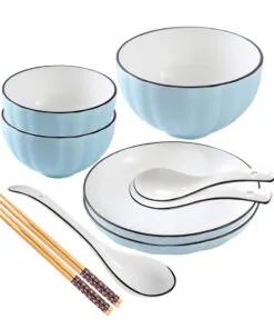 1-SOGA Blue Japanese Style Ceramic Dinnerware Crockery Soup Bowl Plate Server Kitchen Home Decor Set of 7