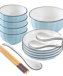 1-SOGA Blue Japanese Style Ceramic Dinnerware Crockery Soup Bowl Plate Server Kitchen Home Decor Set of 9