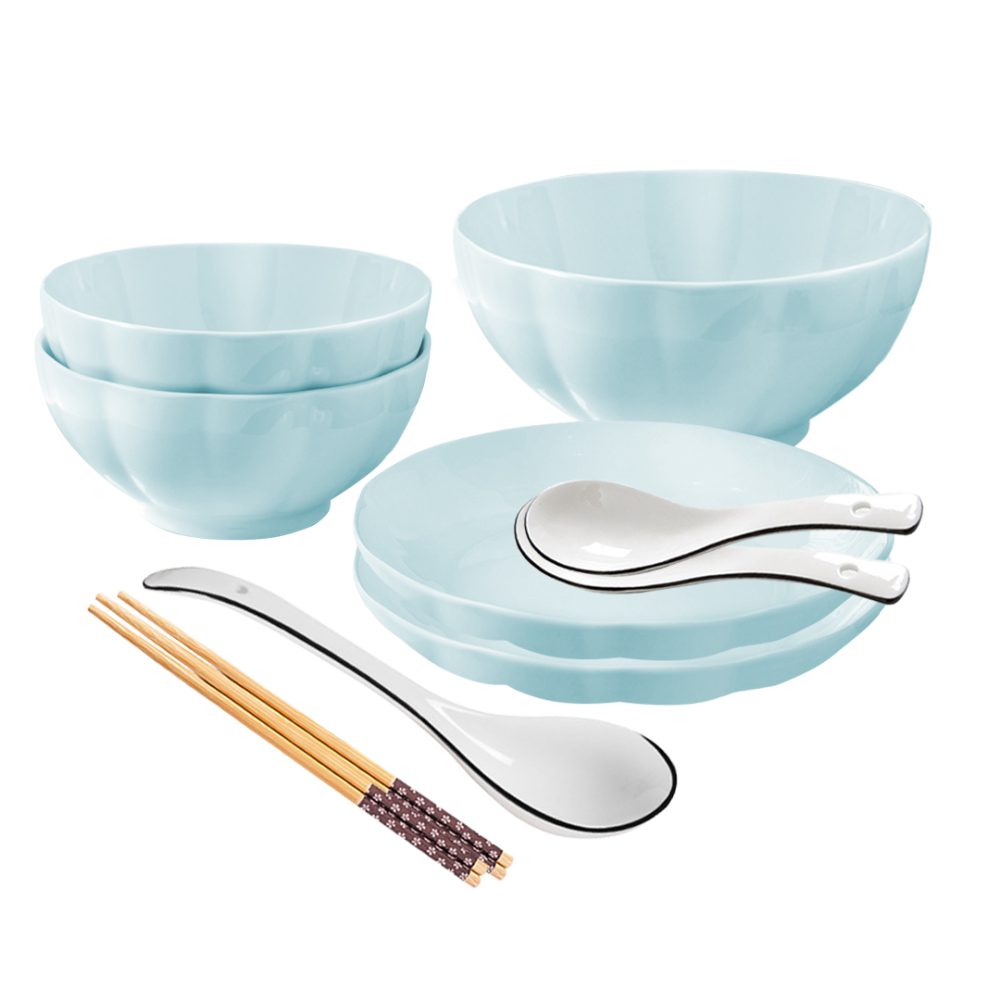 1-SOGA Light Blue Japanese Style Ceramic Dinnerware Crockery Soup Bowl Plate Server Kitchen Home Decor Set of 5