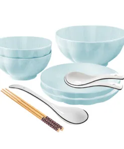 1-SOGA Light Blue Japanese Style Ceramic Dinnerware Crockery Soup Bowl Plate Server Kitchen Home Decor Set of 5