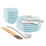 1-SOGA Light Blue Japanese Style Ceramic Dinnerware Crockery Soup Bowl Plate Server Kitchen Home Decor Set of 8