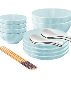 1-SOGA Light Blue Japanese Style Ceramic Dinnerware Crockery Soup Bowl Plate Server Kitchen Home Decor Set of 10
