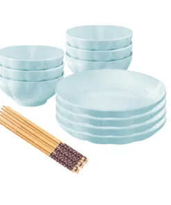 1-SOGA Light Blue Japanese Style Ceramic Dinnerware Crockery Soup Bowl Plate Server Kitchen Home Decor Set of 10