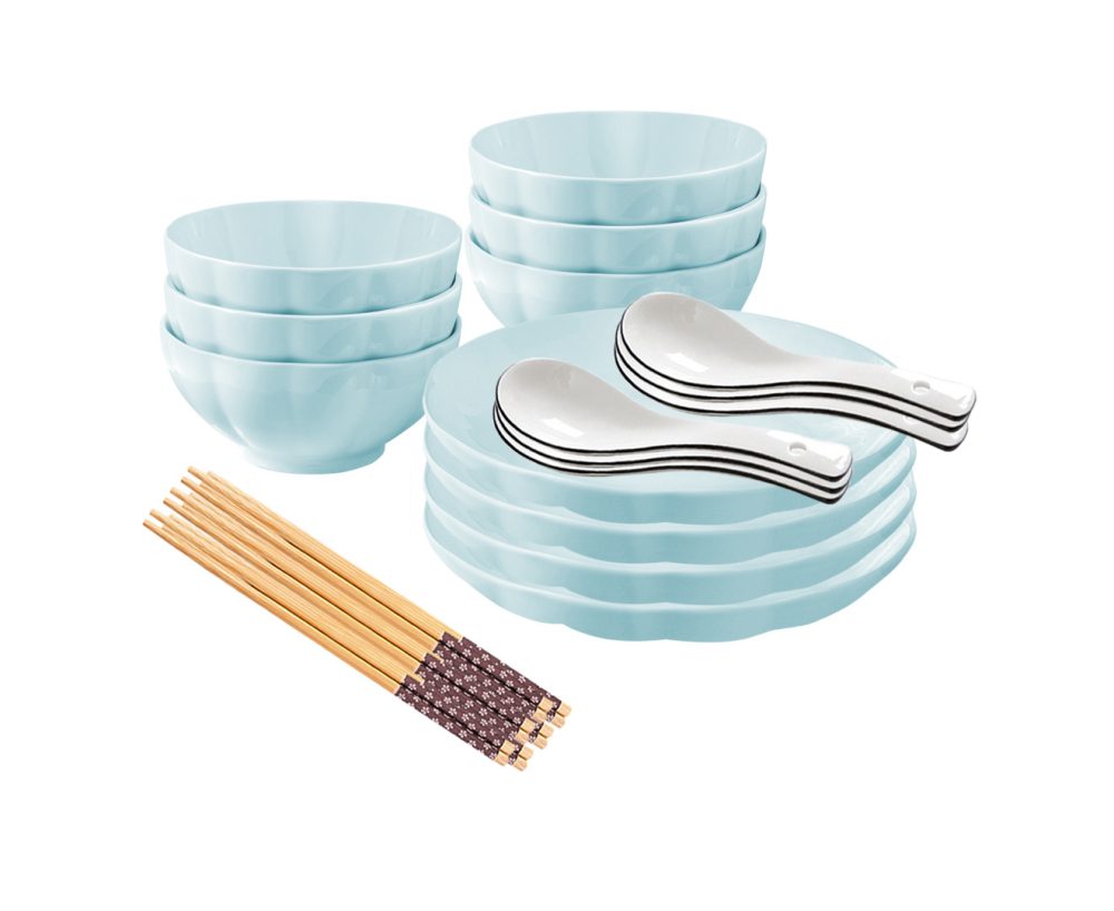 1-SOGA Light Blue Japanese Style Ceramic Dinnerware Crockery Soup Bowl Plate Server Kitchen Home Decor Set of 10