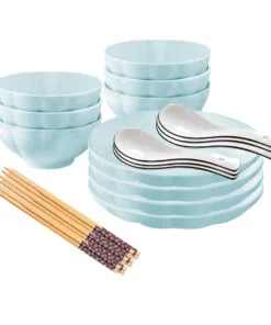 1-SOGA Light Blue Japanese Style Ceramic Dinnerware Crockery Soup Bowl Plate Server Kitchen Home Decor Set of 10