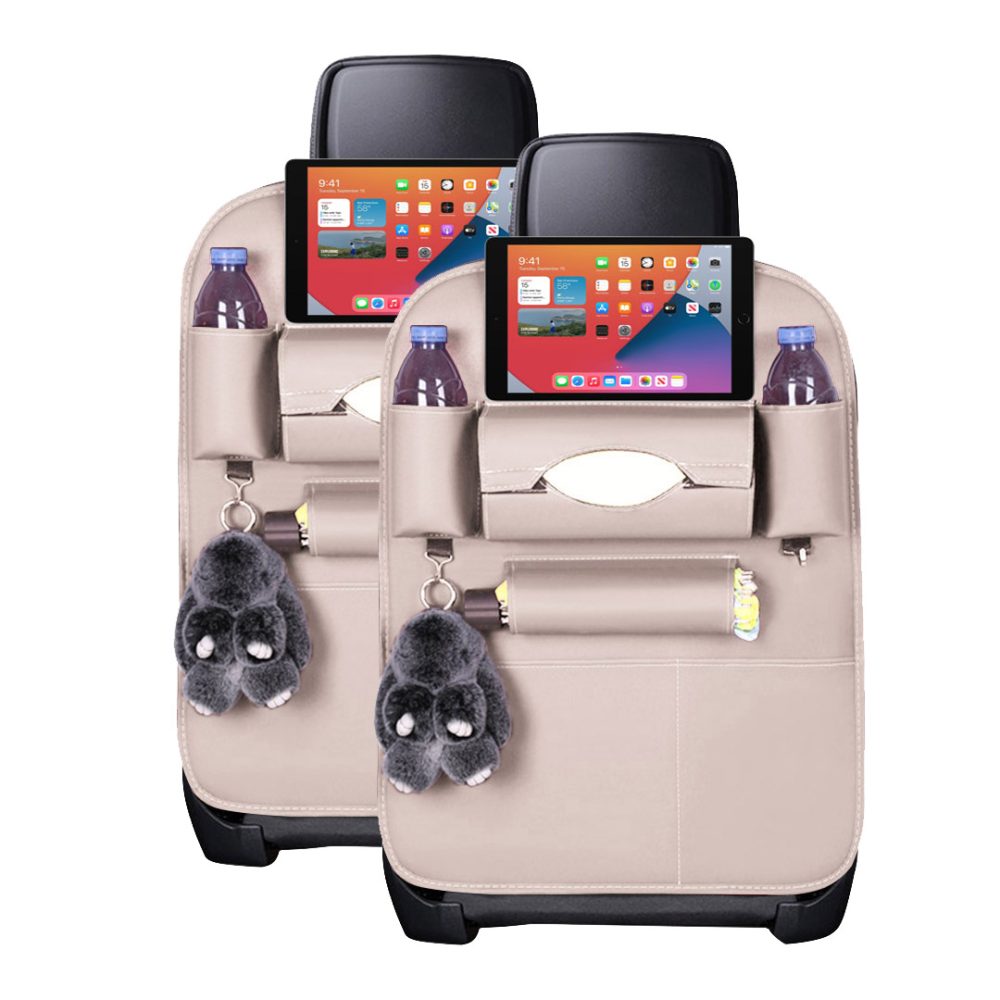 1-SOGA 2X Leather Car Back Seat Storage Bag Multi-Pocket Organizer Backseat and iPad Mini Holder White