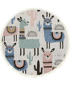 1-SOGA 120cm Alpaca Cactus Pattern Rug Desert Animals Non-Slip Round Area Rugs for Living Room Dining Room