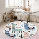 4-SOGA 120cm Alpaca Cactus Pattern Rug Desert Animals Non-Slip Round Area Rugs for Living Room Dining Room