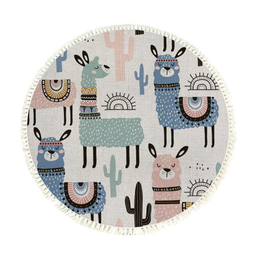 1-SOGA 120cm Alpaca Cactus Pattern Rug Desert Animals Non-Slip Round Area Rugs for Living Room Dining Room
