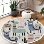 7-SOGA 120cm Alpaca Cactus Pattern Rug Desert Animals Non-Slip Round Area Rugs for Living Room Dining Room