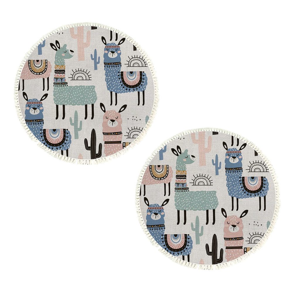 1-SOGA 2X 120cm Alpaca Cactus Pattern Rug Desert Animals Non-Slip Round Area Rugs for Living Room Dining Room